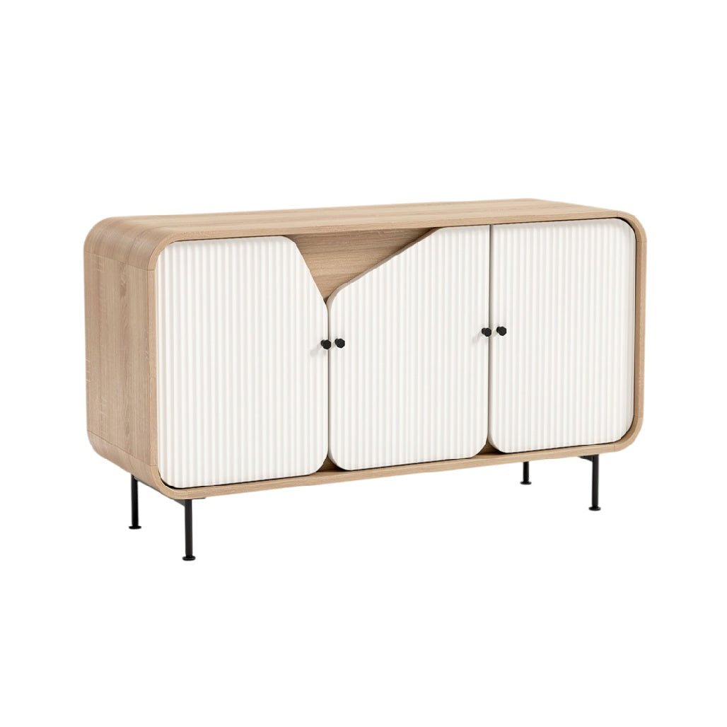 **Technische titel in het Nederlands:** Moderne houten dressoir met innovatieve deuren en metalen poten
