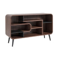 **Moderne houten kast met open planken en strakke lijnen**