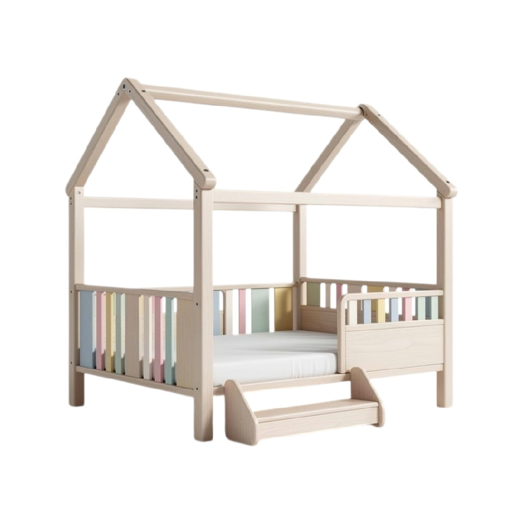 **Technische titel in het Nederlands:** 'Houten Kinderbed in Huisstijl met Kleurrijke Spijlen en Trap'